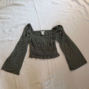 Olive Green Smocked Peasant Top - Women